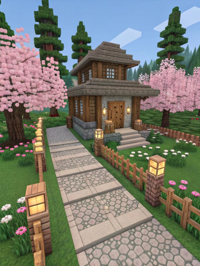 Cherry Blossom House Minecraft Builds: 
 Building a Pathway and Entrance